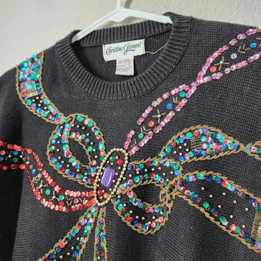 CHRISTINE GERARD 80s Glam Sequin Bow Jewel Sweater Holiday Party in‎ Black M